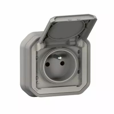 Prise de courant 2P+T �tanche Plexo 16A 250V IP55 IK08 livr�e compl�te pour fixation en encastr� - gris (069831L)