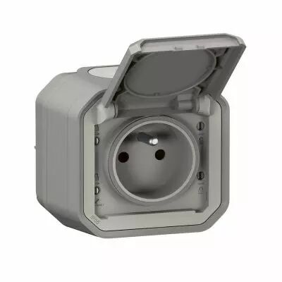 Prise de courant 2P+T �tanche Plexo 16A 250V IP55 IK08 livr�e compl�te pour fixation saillie - gris (069731L)
