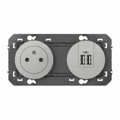 Prise de courant 2P+T Surface + module de charge 2 USB TypeA dooxie 2,4A pr�c�bl�s finition alu (600442)