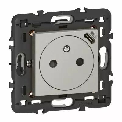 Prise de courant 2P+T Surface avec chargeur Type-C int�gr� en face avant Mosaic 2 module - alu livr� avec support (079361L)