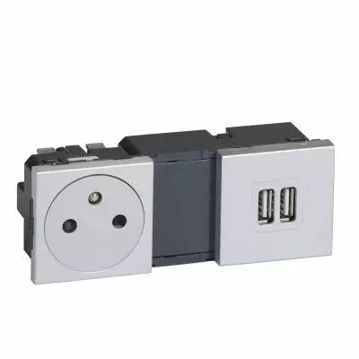 Prise Prog Mosaic + module de charge 2 micro USB 2400 mA pr�c�bl�es - alu (079395)